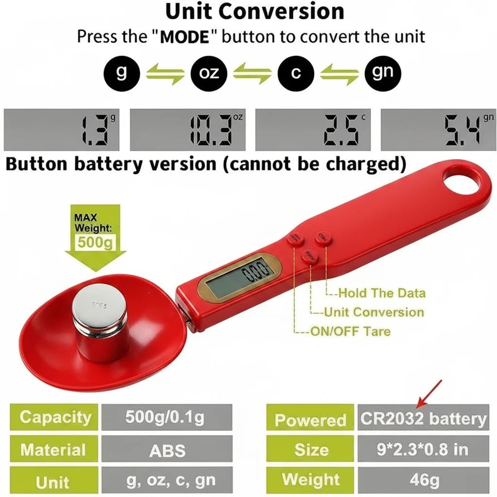 Electronic Weighing Spoon - Accuracy to the Near Gram (0,1-500g)