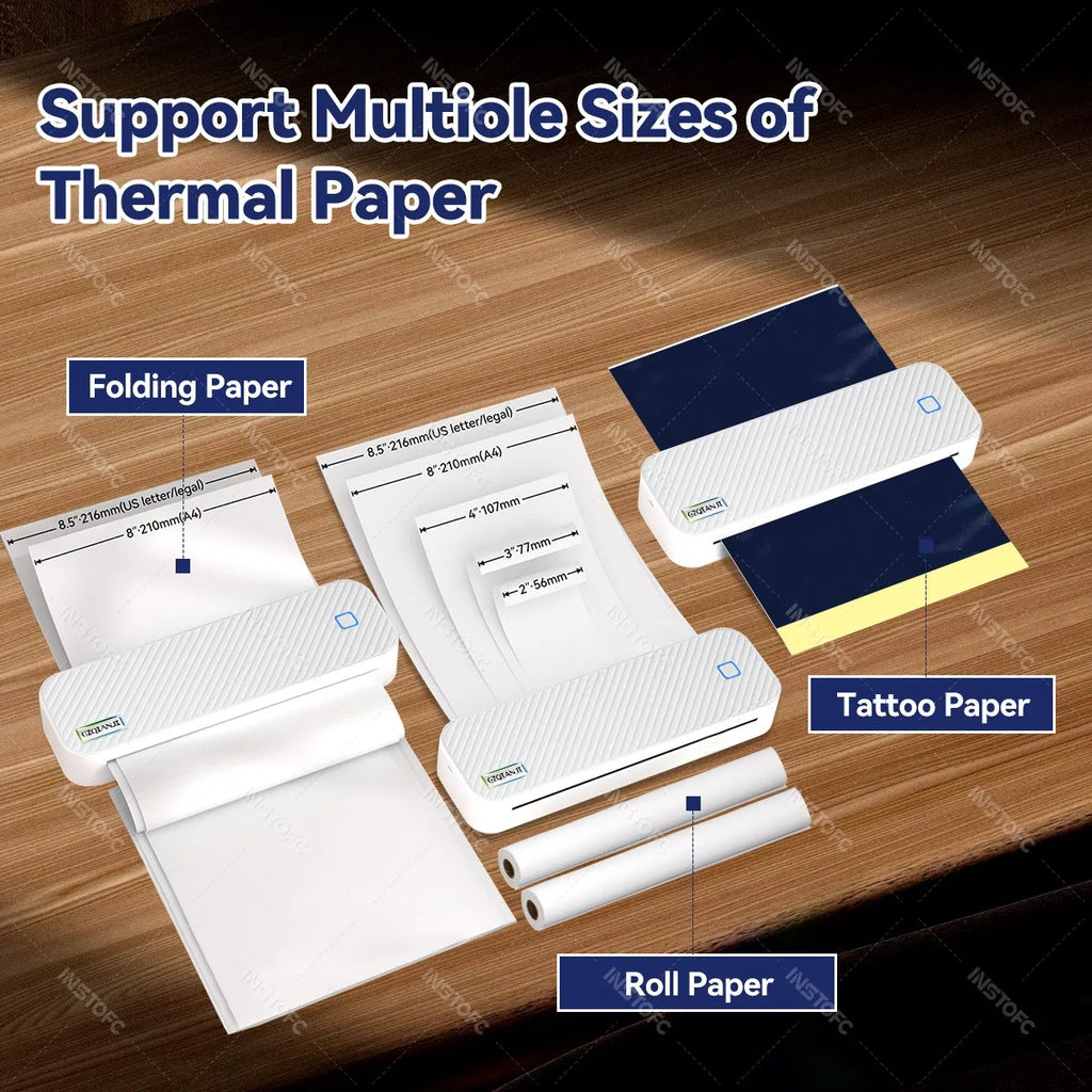 Portable Thermal Printer A4 Text or Photo Bluetooth PDF Document Printing Machine Folded Paper Rolls for Office Work