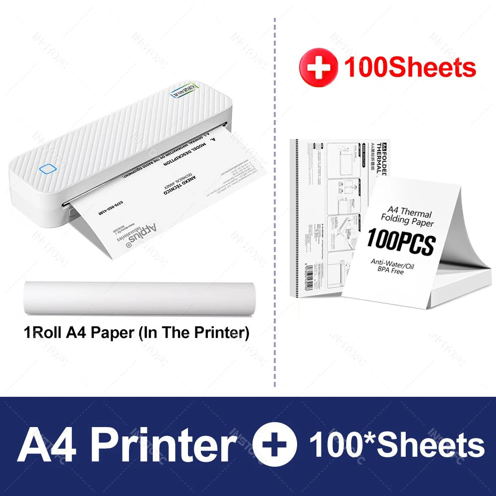 Portable Thermal Printer A4 Text or Photo Bluetooth PDF Document Printing Machine Folded Paper Rolls for Office Work